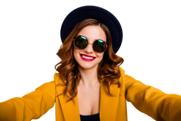 Close up photo beautiful dreamy funky she her lady make take selfies vacation white perfect teeth red pomade lips lipstick wear hat sun specs formal-wear suit isolated yellow bright background