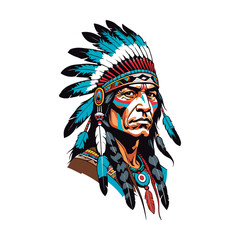 Vibrant illustration of a red indian male. Red indian man in draw with a white backdrop