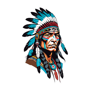 Vibrant illustration of a red indian male. Red indian man in draw with a white backdrop