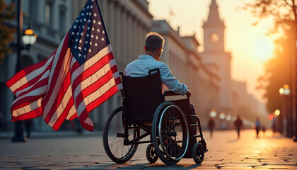 Obraz premium Man in Wheelchair Holding American Flag at Sunset in City