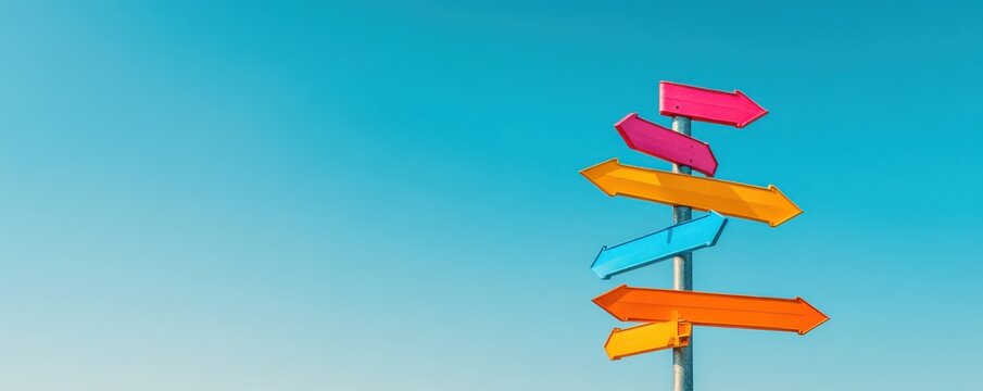 Colorful directional signs against a clear blue sky, symbolizing travel, choices, and possibilities.