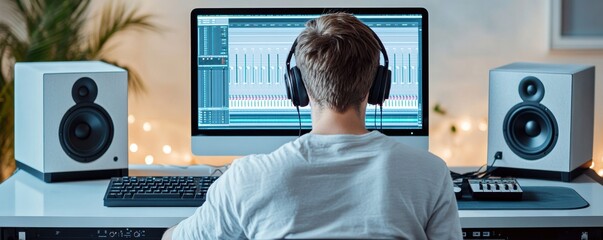 A person wearing headphones sits at a desk working on music production using a computer and audio speakers.