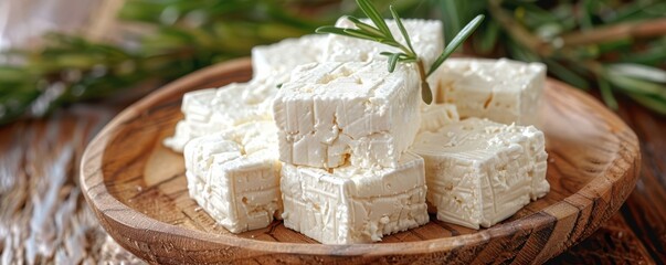 Obraz premium Traditional Greek feta cheese with herbs on a rustic wooden board.