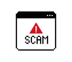 SCAM - message window in retro 8-bit style game. Vintage video game style sign caution message. Web3 technology notice interface message. Geek style pixel graphics window with SCAM text. Vector