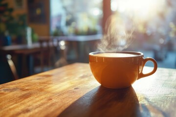 Fototapeta premium A Steaming Cup of Coffee on a Wooden Table in a Cafe