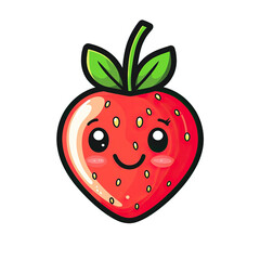 Obraz premium This adorable cartoon strawberry features a cheerful face and bright green leaf, smiling happily at the viewer, rendered in a colorful and playful style against a white background.