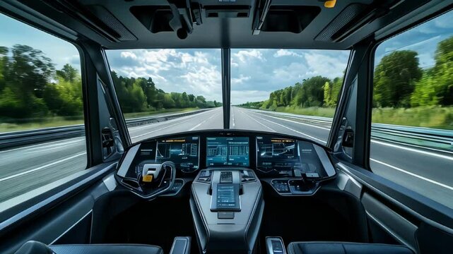 Experience the future of travel with 4K footage showcasing an autonomous vehicle's sleek interior gliding through a tree-lined road, with no driver at the wheel