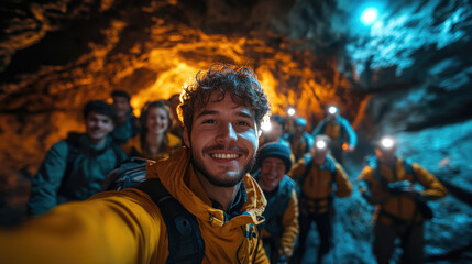 Obraz premium A group of young cavers stands in a brightly lit section of an underground cave, all smiling and posing for the camera. Their expressions, as well as the cave's jagged walls, capture the essence of cu