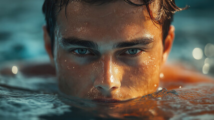 A close-up shot of a young man swimming, featuring an intense expression and water droplets on his face, capturing the essence of determination and focus in aquatic environment.