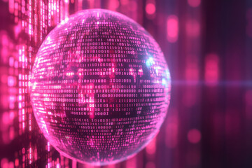 Fototapeta premium A digital globe surrounded by binary code, isolated on a pastel lavender background, capturing the expansion of global technology,