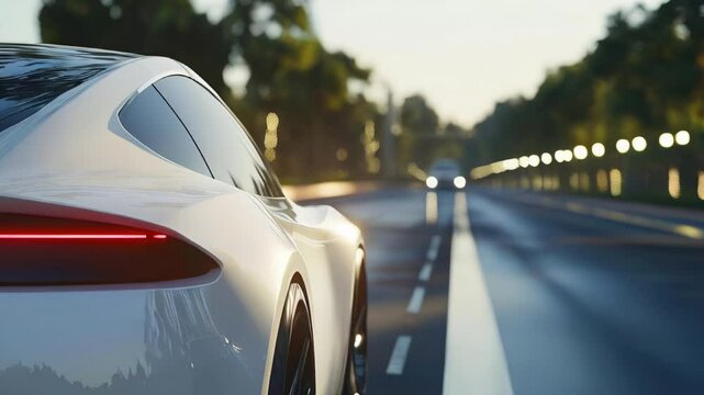 Experience the future of travel with 4K footage showcasing an autonomous vehicle's sleek interior gliding through a tree-lined road, with no driver at the wheel