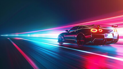Fototapeta premium A sleek sports car speeds with vibrant neon lights trailing behind, conveying motion and speed in a futuristic setting