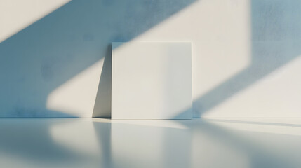 Obraz premium A blank, white canvas standing upright on a reflective floor. The canvas is bathed in sunlight streaming through a window, casting a dramatic shadow on the wall and floor.