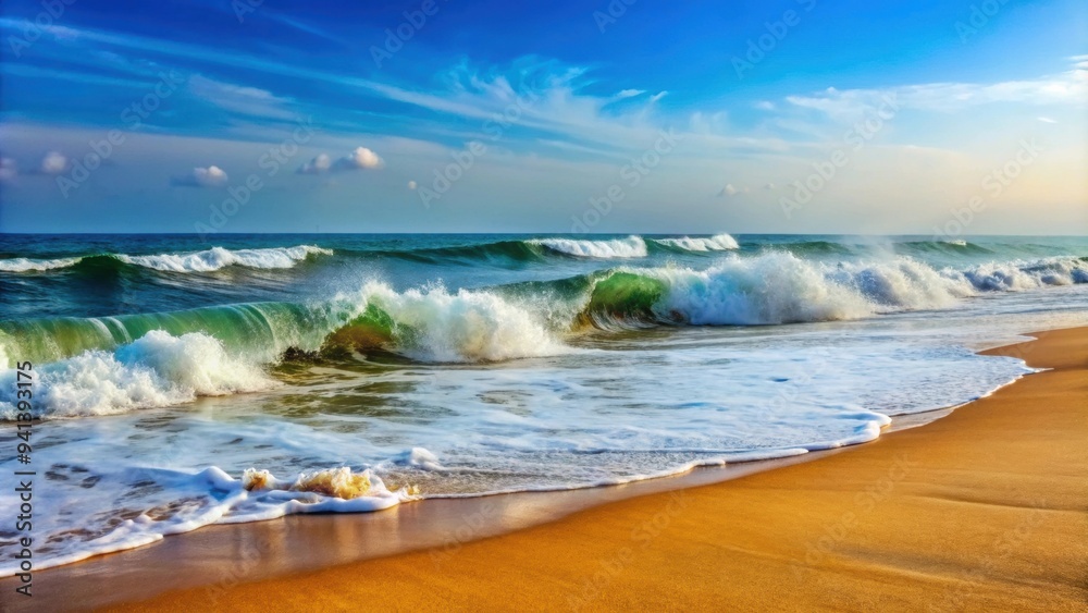 Wall mural Sea waves crashing on the ocean floor with a focus on the foreground, with a sea beach background in Puri, Odisha, India