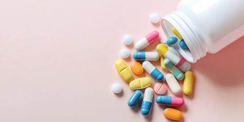 A white pill bottle spills colorful pills and capsules on a pink surface.
