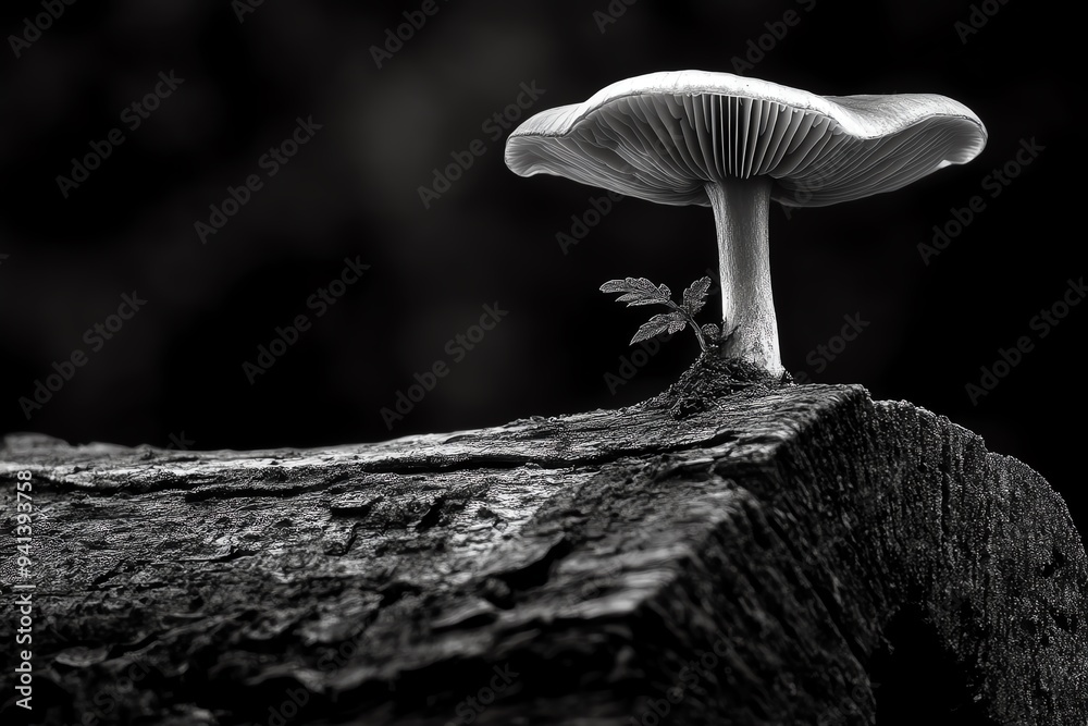 Poster a black and white photograph of a mushroom growing out of a decaying log, with high contrast emphasi