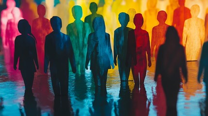 Naklejka premium Silhouettes of people walking with colorful reflections, representing diversity and unity.