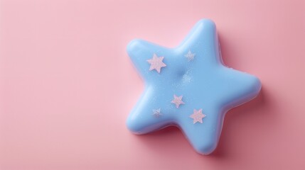 Obraz premium A close-up and top view of a blue star-shaped soap with text space on a soft pink background for backdrop use, Generative AI.