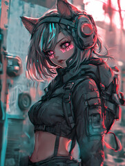 Synthwave Sci-Fi Anime Girl Cosplay Featuring Glitch Effects and Cyborg Armor