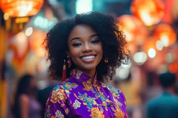 Obraz premium Smiling Woman in Purple Cheongsam Against Blurred Lanterns