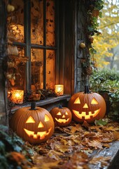 Cozy Halloween setting with glowing jack-o'-lanterns, warm autumn leaves, and soft candlelight, evoking a feeling of comfort and festivity
