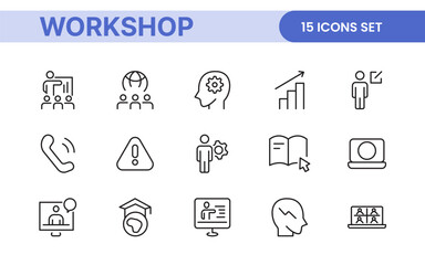 Set of Workshop and Coaching line icons. Outline icon collection related to training, coaching, mentoring, education, meetings, conferences, and teamwork.