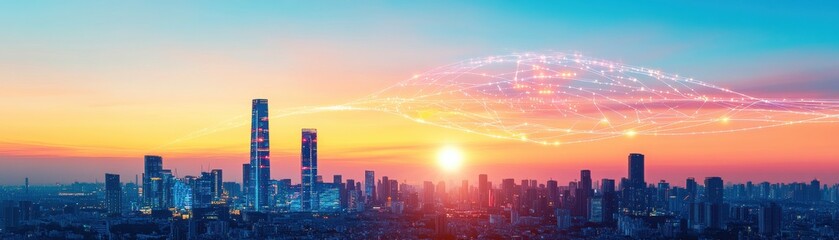 Fototapeta premium A stunning city skyline at sunset, showcasing modern architecture and vibrant colors against a tranquil sky.