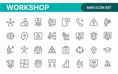 Set of Workshop and Coaching line icons. Outline icon collection related to training, coaching, mentoring, education, meetings, conferences, and teamwork.
