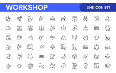 Set of Workshop and Coaching line icons. Outline icon collection related to training, coaching, mentoring, education, meetings, conferences, and teamwork.