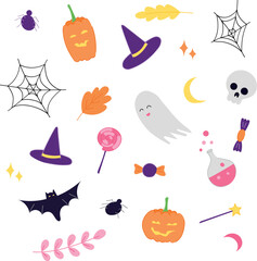 Halloween set on white background with ghost, cobwebs, spider, pumpkins, leaves, bat, month, witch hat. 