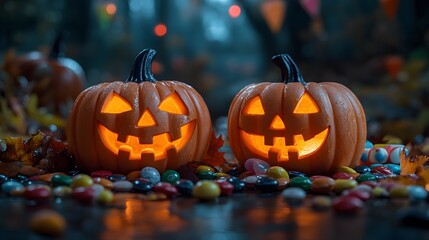 Fototapeta premium Bright Halloween display featuring cheerful jack-o'-lanterns, vibrant autumn leaves, and colorful candy, perfect for creating an inviting and festive social media post