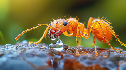 Detailed macro shot of an orange ant drinking water on a glossy surface, with a vivid and lush green backdrop. The image captures the ants natural behavior and elegance in high detail.