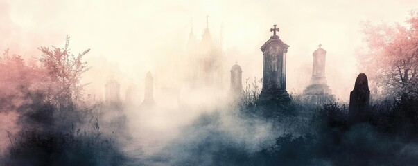 Haunting cemetery scene shrouded in mist, capturing an eerie atmosphere with silhouetted tombstones and ghostly surroundings.