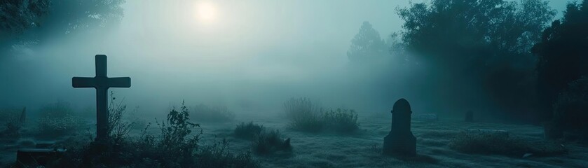 Obraz premium A haunting cemetery scene shrouded in mist, with silhouettes of gravestones under a mysterious moonlight.