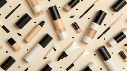 A top view of diverse cosmetic beauty products neatly arranged on a beige surface, displaying a range of makeup items