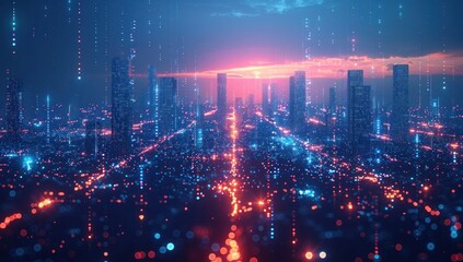 Obraz premium Futuristic Cityscape with Digital Rain