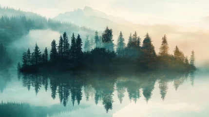 Wandcirkels Mistig bos Serene landscape featuring misty mountains and a tranquil lake reflecting a lush forest at sunrise.  © Thamonchanok