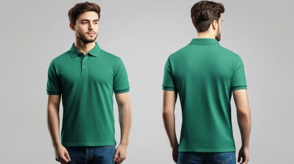 Obraz premium Green Polo Shirt on Man Front and Back View - Generative AI