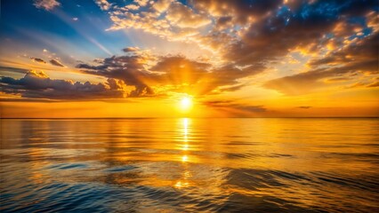 Fototapeta premium Golden sunset over a calm sea, clear weather, warm glow on the horizon