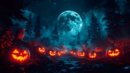 Naklejka premium A chilling Halloween banner showcasing 3D jack-o-lanterns glowing amidst shadowy trees, with watchful owls and a large, eerie moon in the background.