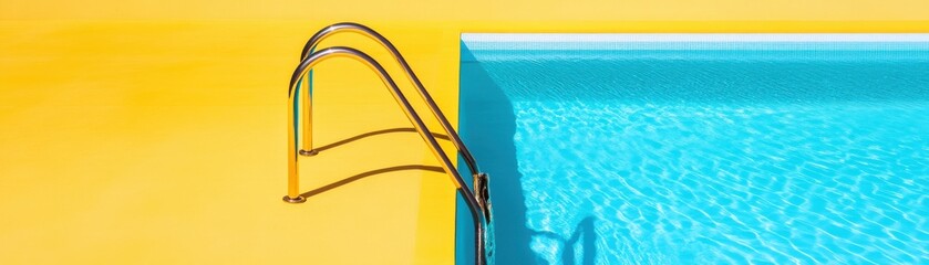 Fototapeta premium Bright and inviting pool with a sleek ladder against a yellow backdrop, perfect for summer relaxation and outdoor enjoyment.
