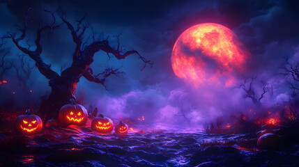 Fototapeta premium 3D Halloween illustration with glowing pumpkins, dark twisted trees, and watchful owls under a large, ominous moon.