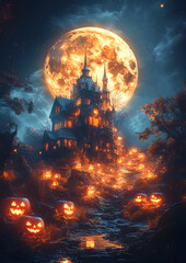Fototapeta premium 3D Halloween illustration with jack-o-lanterns glowing in the dark, surrounded by eerie trees and watchful owls under a large moon.