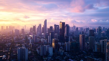 Sweeping Aerial View of Majestic City Skyline at Sunrise with Glimmering Skyscrapers