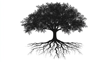 High-contrast black tree silhouette vector with visible roots, isolated on white for use in nature or heritage-related designs.