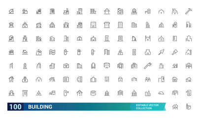 Buildings line icons set. Real estate, house, home, apartment, cityscape, mosque, church, pagoda. Architecture buildings icons vector illustration. Editable stroke icons.