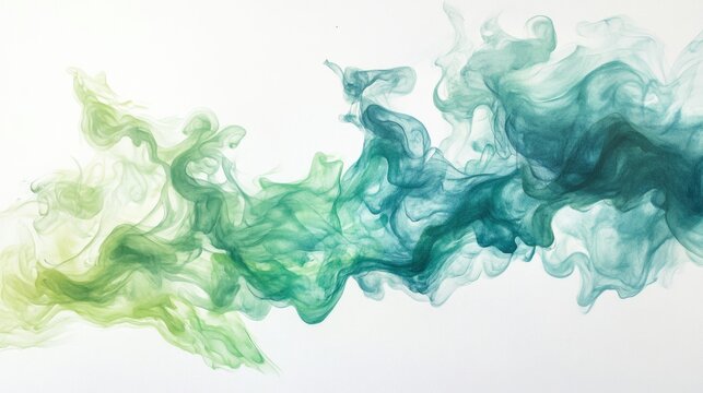 Watercolor illustration depicting the movement of smoke featuring an abstract blend of green and blue on a white backdrop