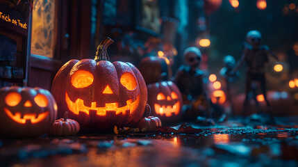 Fototapeta premium Full moon shining over a Halloween scene with 3D cartoon carved pumpkins and zombies, featuring 