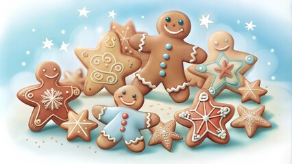 Fototapeta premium Delightful illustration of decorated gingerbread cookies in various shapes and colors