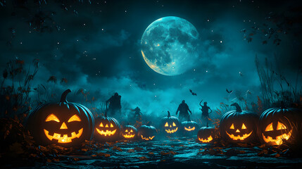 Fototapeta premium Full moon Halloween background with 3D cartoon carved pumpkins and zombies, creating a playful 